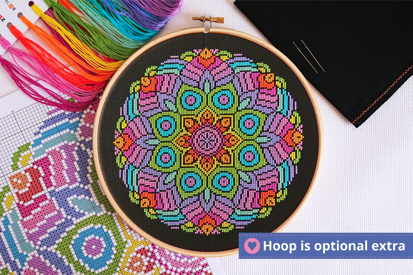 Rainbow Mandala (Black Fabric) Cross Stitch Kit