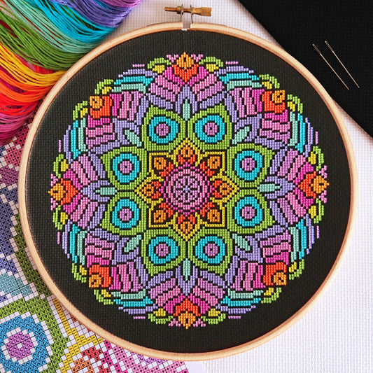 Rainbow Mandala (Black Fabric) Cross Stitch Kit