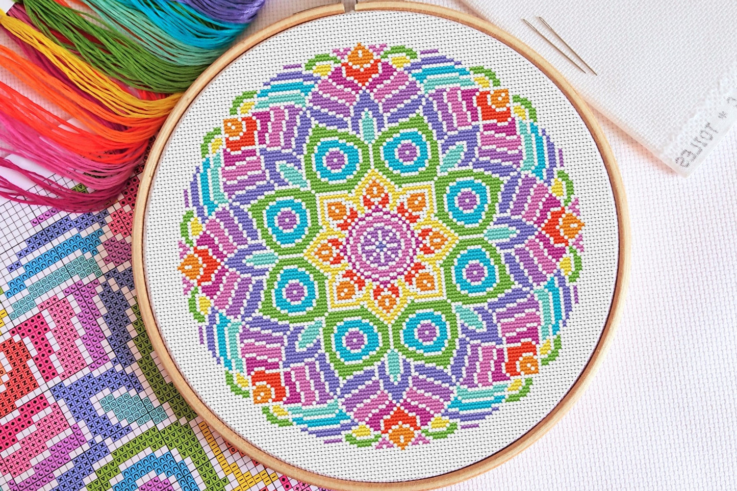 Rainbow Mandala (White Fabric) Cross Stitch Kit