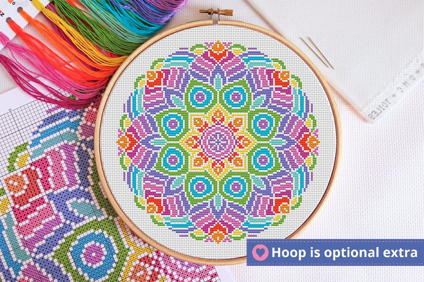 Rainbow Mandala (White Fabric) Cross Stitch Kit