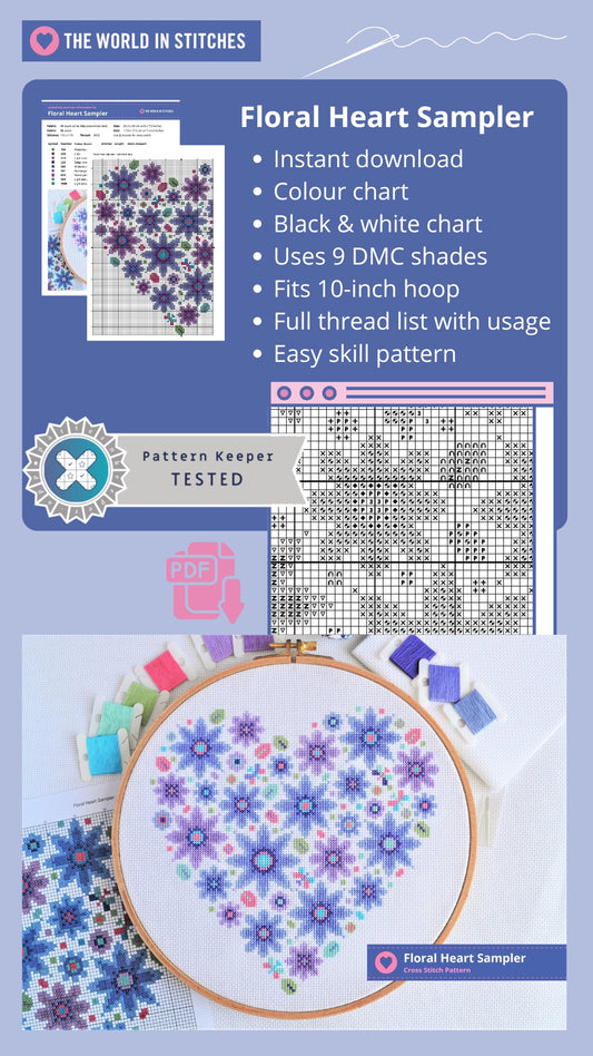 PDF Pattern for Floral Heart Sampler