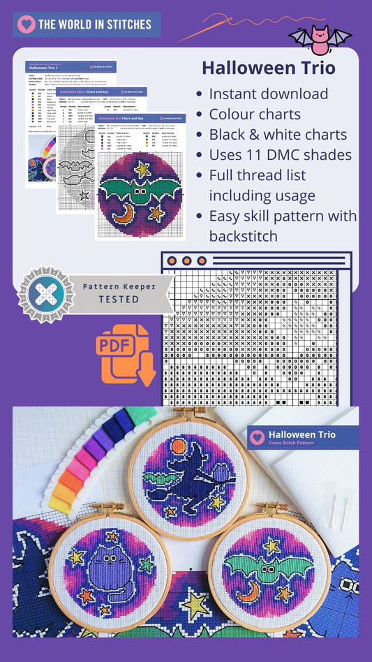PDF Pattern for Halloween Trio 1: Witch, Bat and Cat