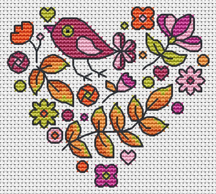 Autumn Heart with Bird Free Cross Stitch Chart