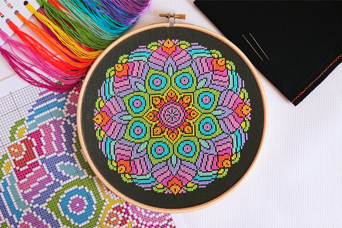Rainbow Mandala (Black Fabric) Cross Stitch Kit