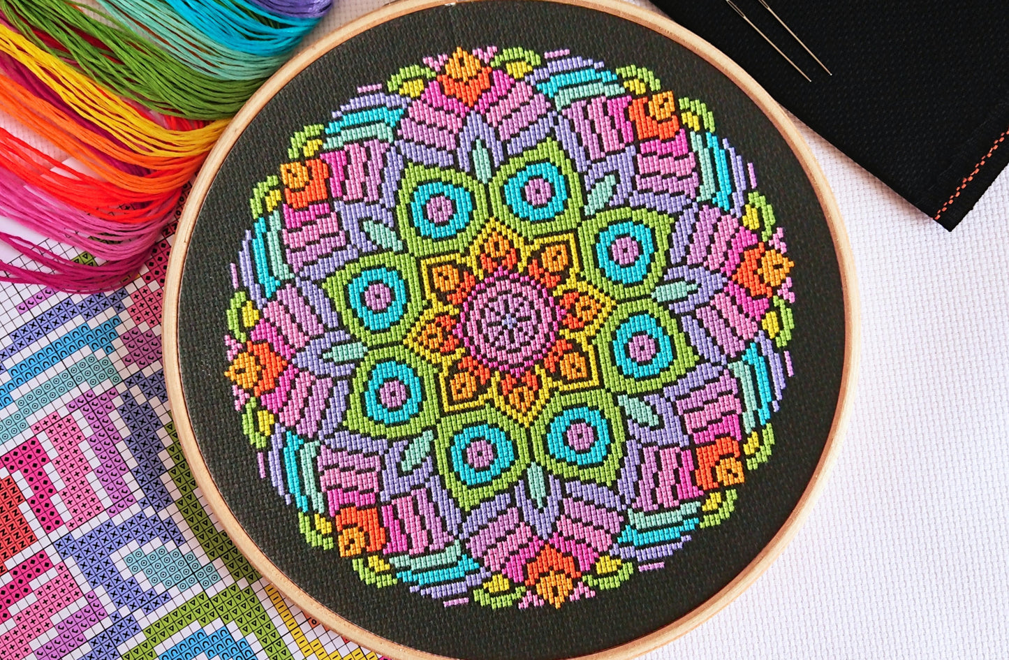 Rainbow Mandala (Black Fabric) Cross Stitch Kit