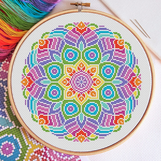 Rainbow Mandala (White Fabric) Cross Stitch Kit