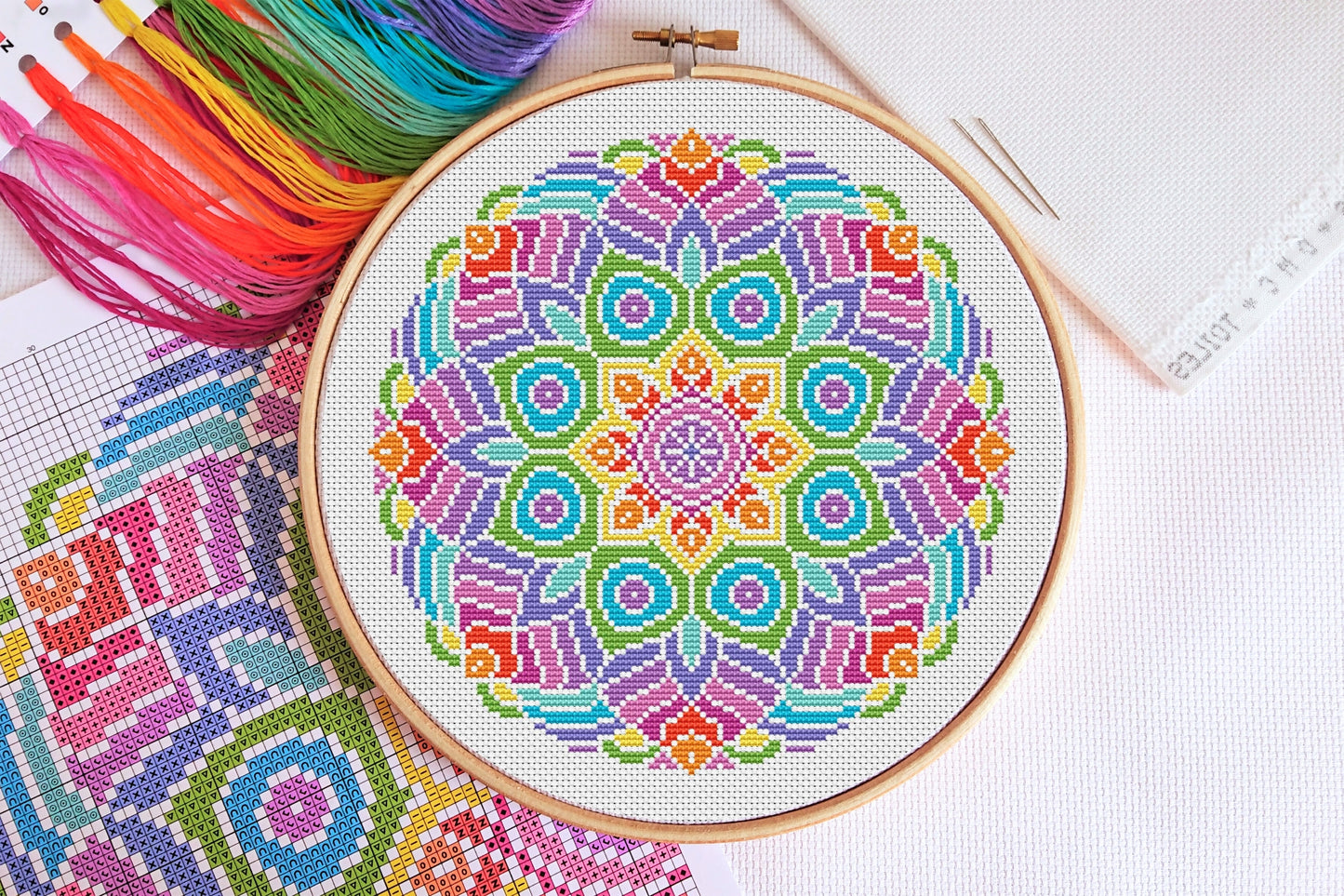Rainbow Mandala (White Fabric) Cross Stitch Kit