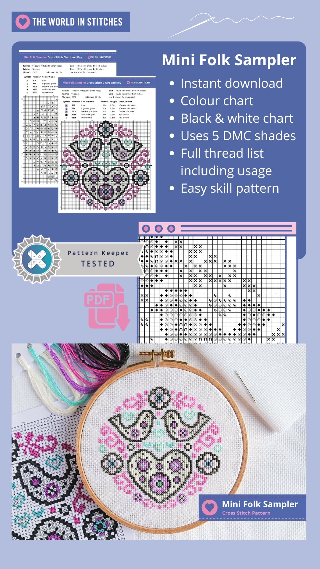PDF Pattern for Mini Folk Sampler – The World in Stitches