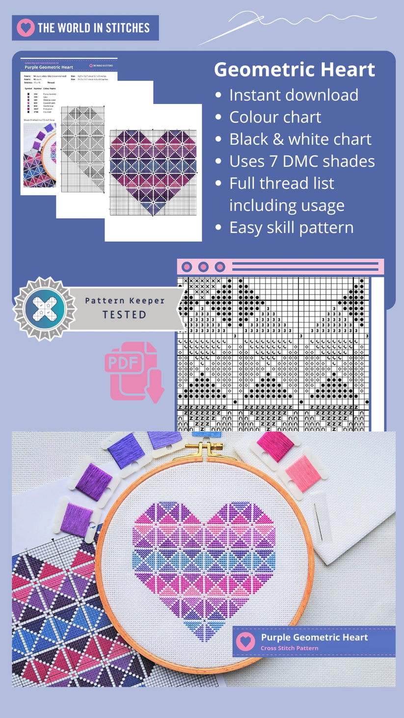 PDF Pattern for Purple Geometric Heart – The World in Stitches