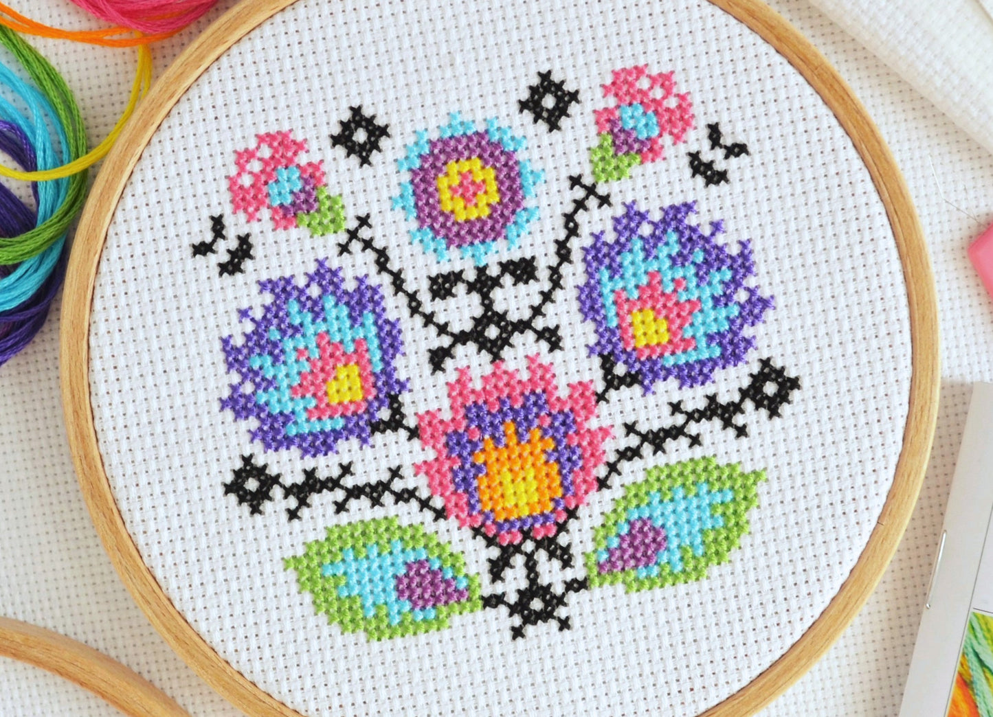 Cross Stitch Kit for Beginners ~ Folk Flowers