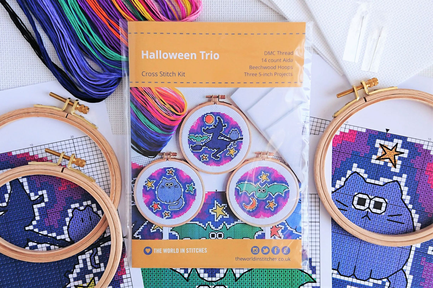 Halloween Trio Witch, Bat, Cat Cross Stitch Kit