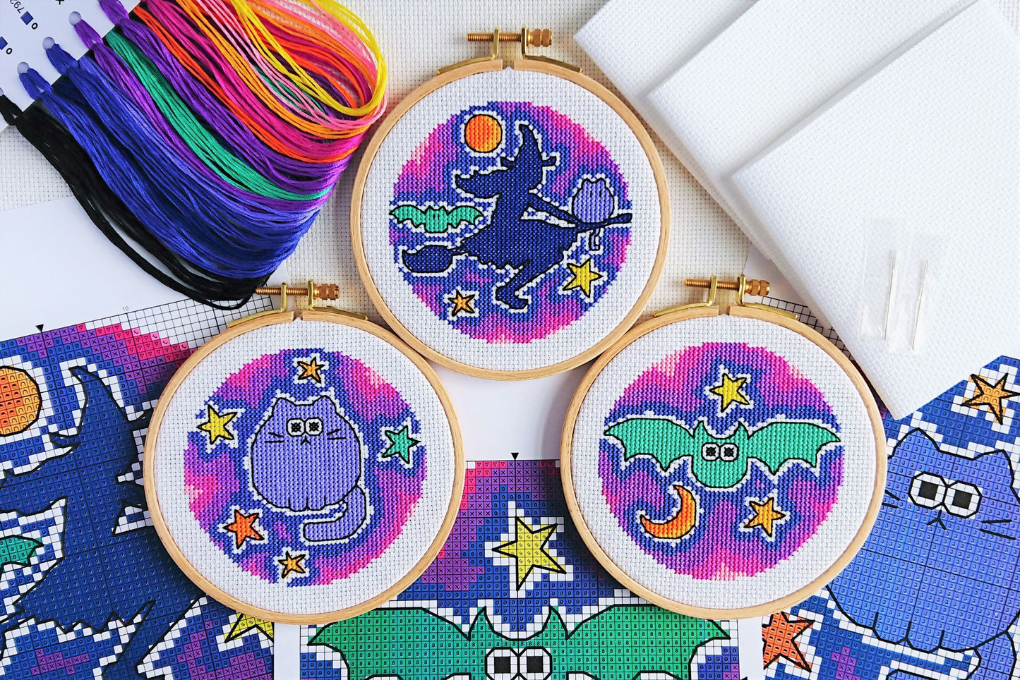 Halloween Trio Witch, Bat, Cat Cross Stitch Kit