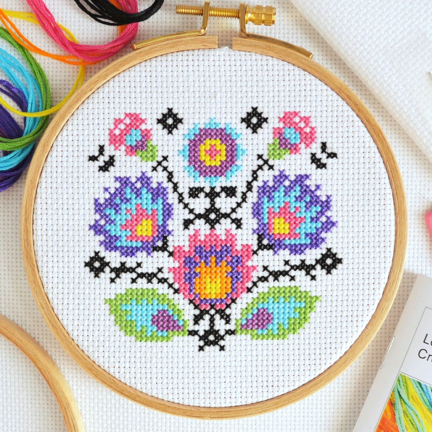 Cross Stitch Kit for Beginners ~ Folk Flowers